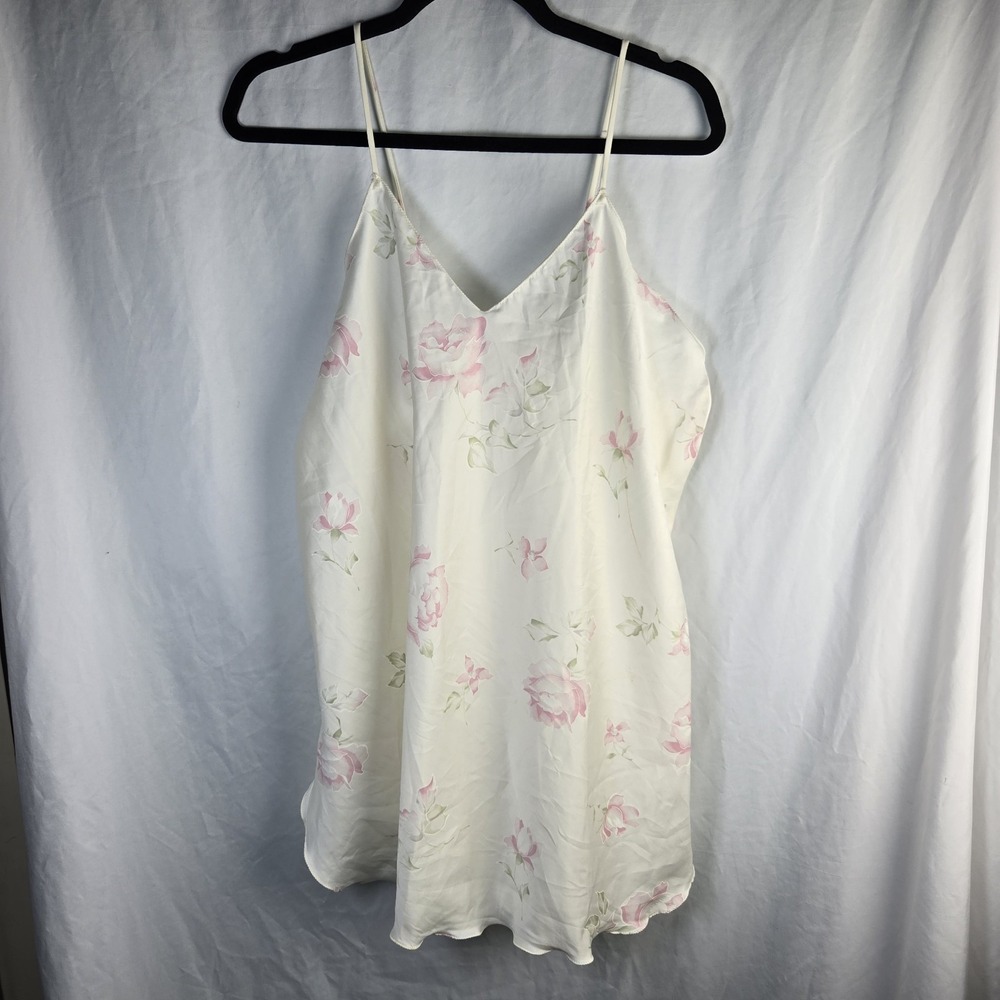 Vintage Val Mode Satin Chemise Slip Nightgown Womens Large Ivory Rose Print